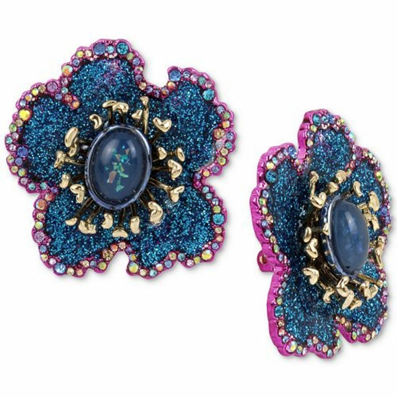 Betsey Johnson Jewelry - Betsey Johnson Glitter Flower clip stud earrings